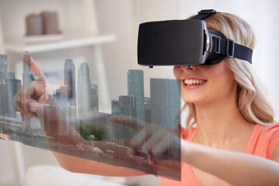 Woman viewing a city through 3D Virtual tour technology also offered by MoveZen Property Management.