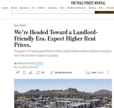 Experts Forecast Rising Rents in 2025 per the Wall Street Journal