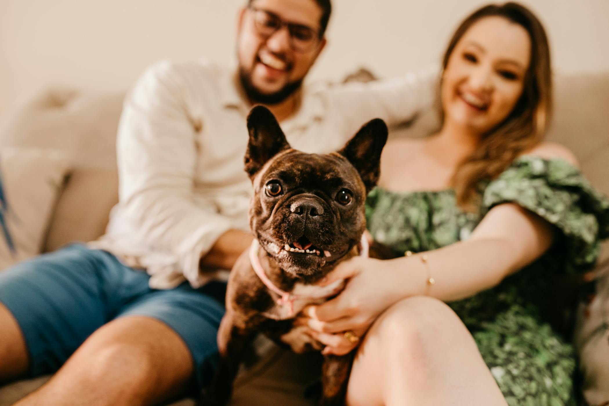 A joyful couple relaxing with their adorable French bulldog inside their rental property.