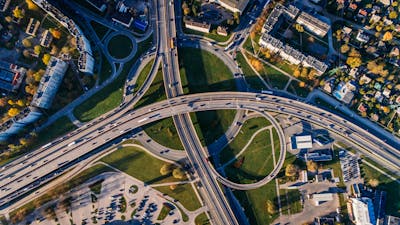 Aerial shot of a complex highway intersection in the Triangle region showcasing the increase in population.