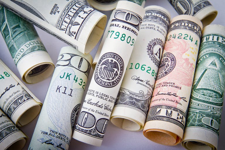 Close-up of rolled US dollar bills symbolizing the income a household needs to make to either buy a home or rent an apartment.