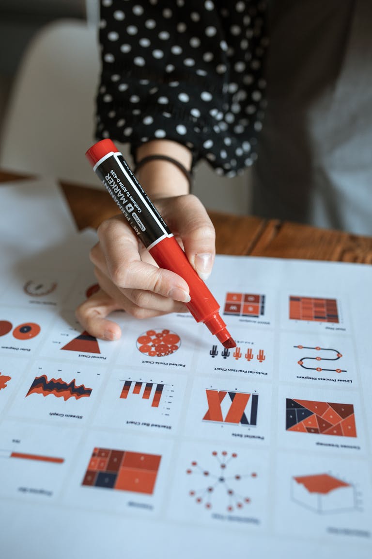 A person highlights real estate rental data on a sheet with charts using a red marker.