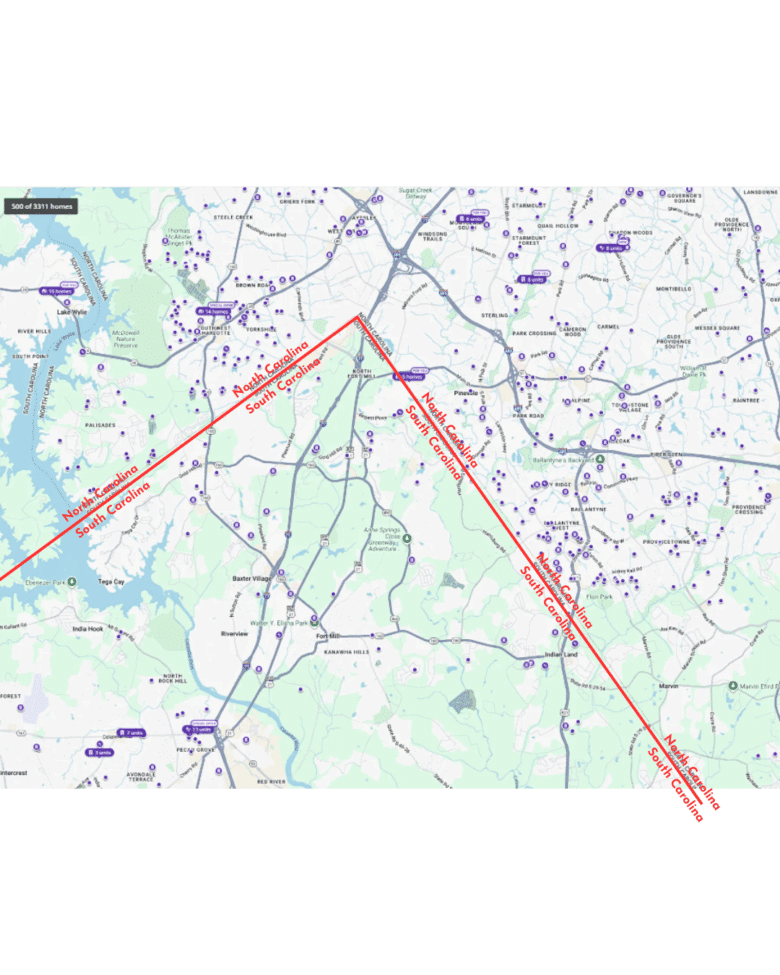 A Zillow map image showcasing the amount of rental homes in North Carolina vs South Carolina.