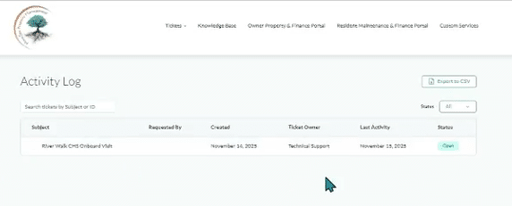 Custom Home Services Portal Activity Log