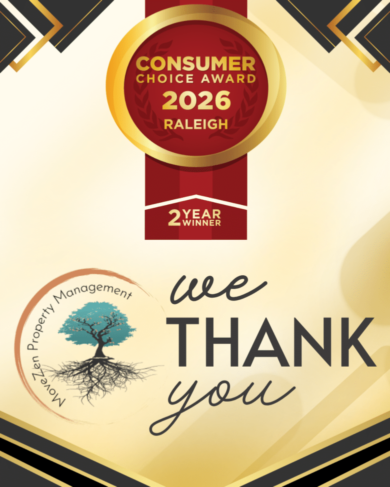 Consumer Choice Award for Raleigh graphic showing MoveZen Property Management saying thank you to everyone who has trusted them.