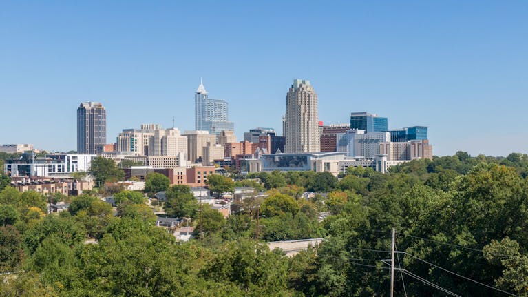 A clear view of Raleigh's skyline, showcasing modern skyscrapers and urban greenery.
