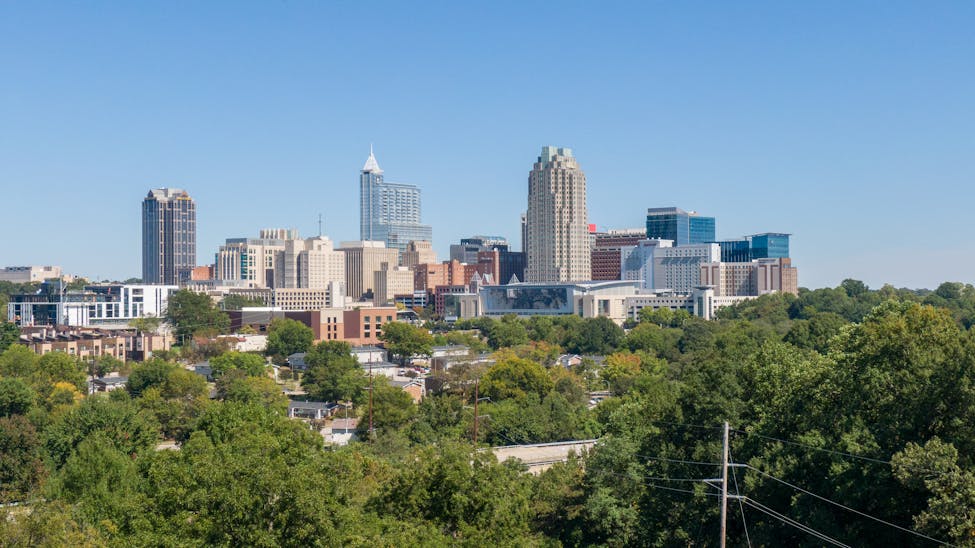 A clear view of Raleigh's skyline, showcasing modern skyscrapers and urban greenery.