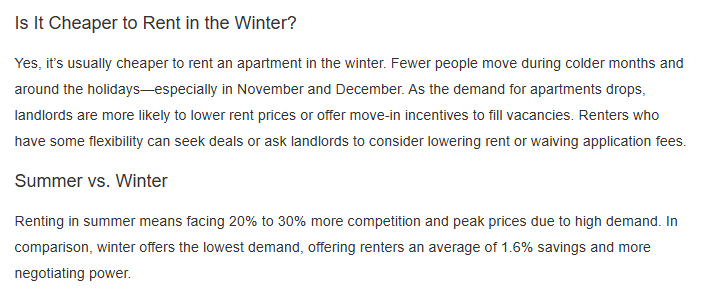 Data showing it's cheaper to rent in winter than summer