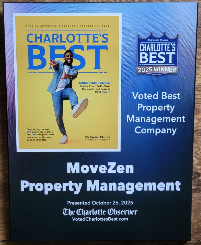 Plaque: MoveZen Property Management voted Charlotte's Best Property Management Company 2025 by The Charlotte Observer